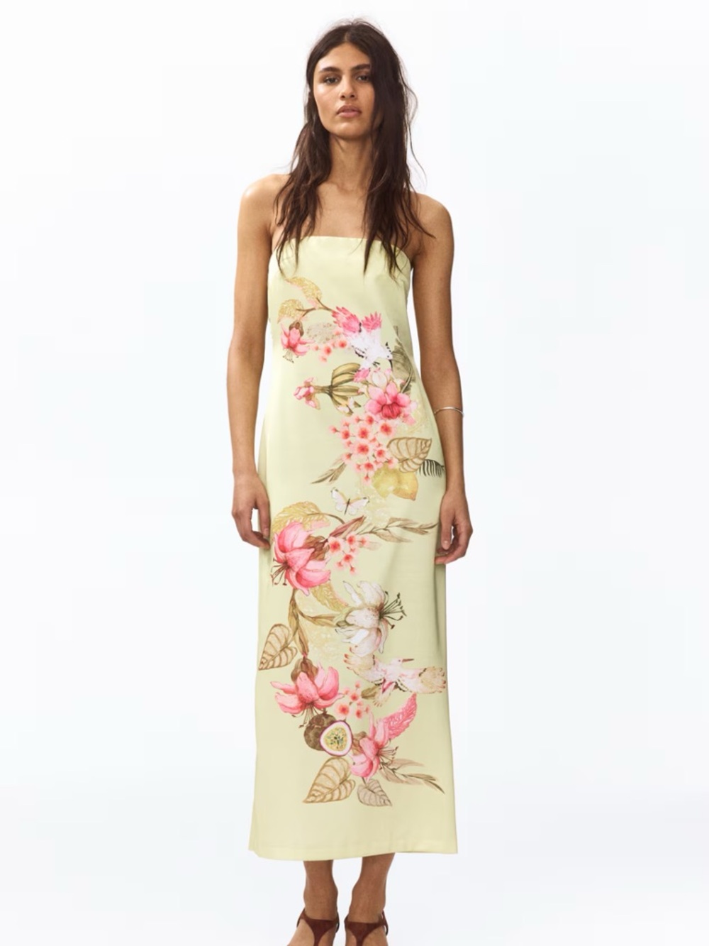 H&M Strapless Floral Maxi Dress in Pale Yellow with Pink Accents